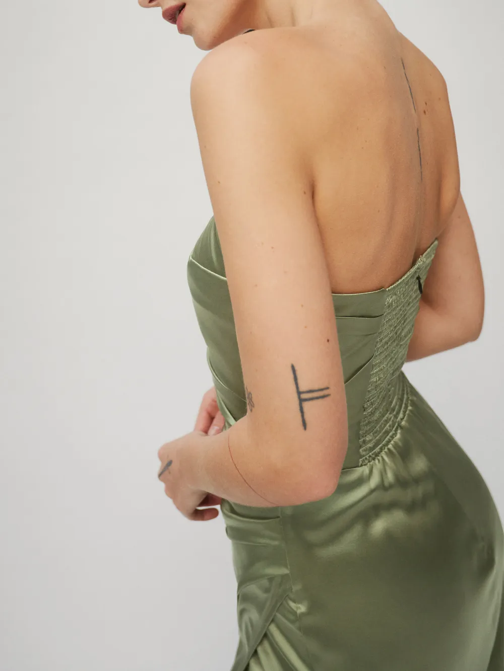 Strapless Ruched Satin Maxi Dress