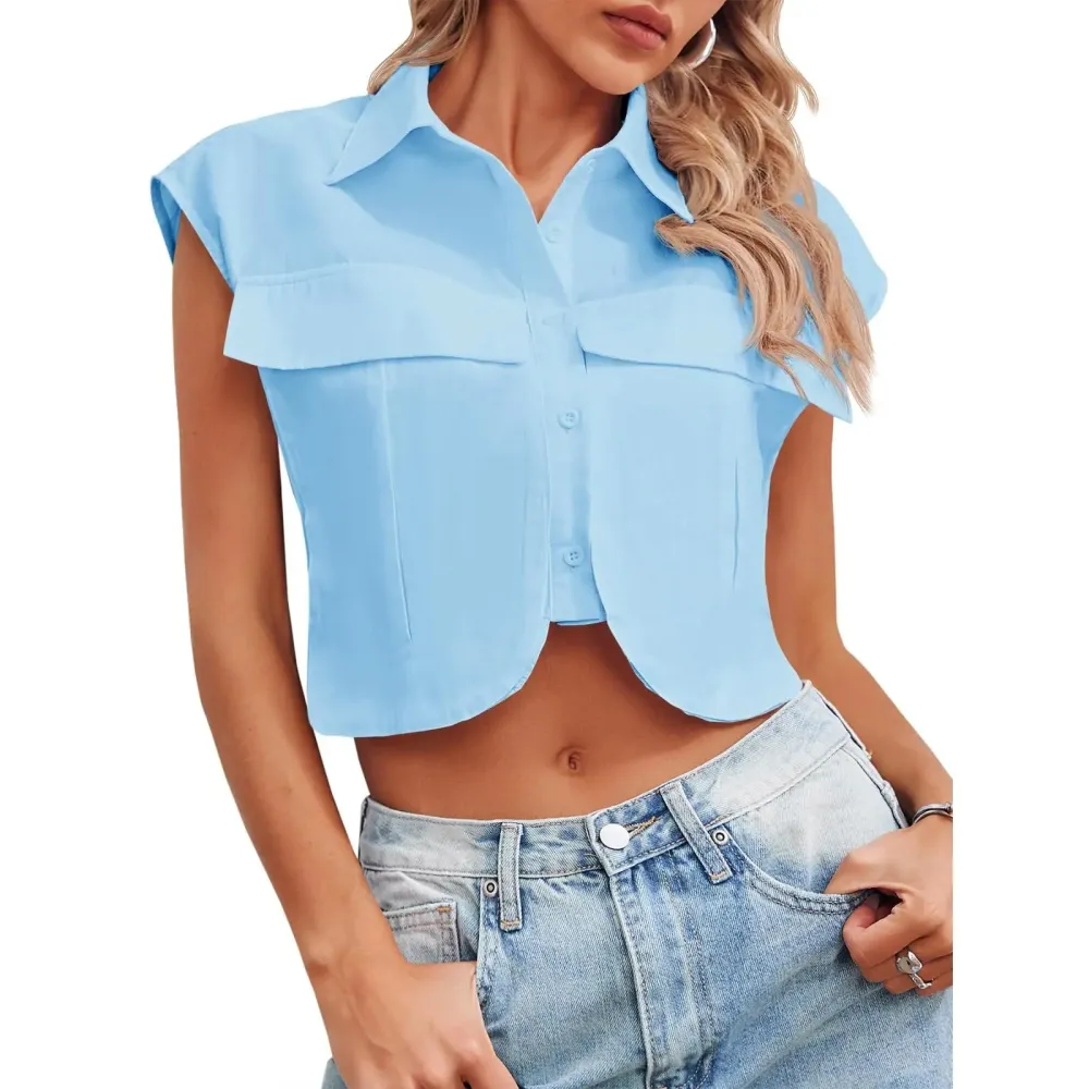 Womens Button Down Shirts Cute Summer Cap Sleeve Crop Tops