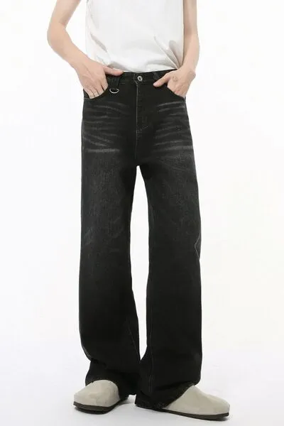 Washed Pocketed Stretch Wide Straight Jeans