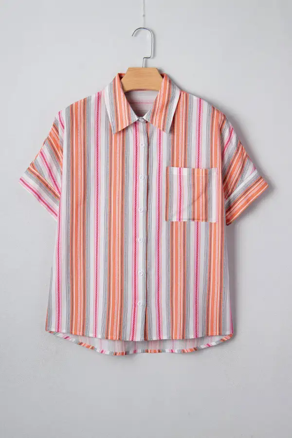 Pink Stripe Button Up Short Sleeve Shirt