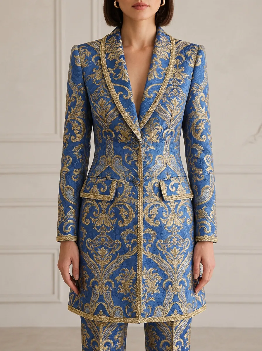 Women's Baroque Style Gold Floral Printed Blazer Jacket