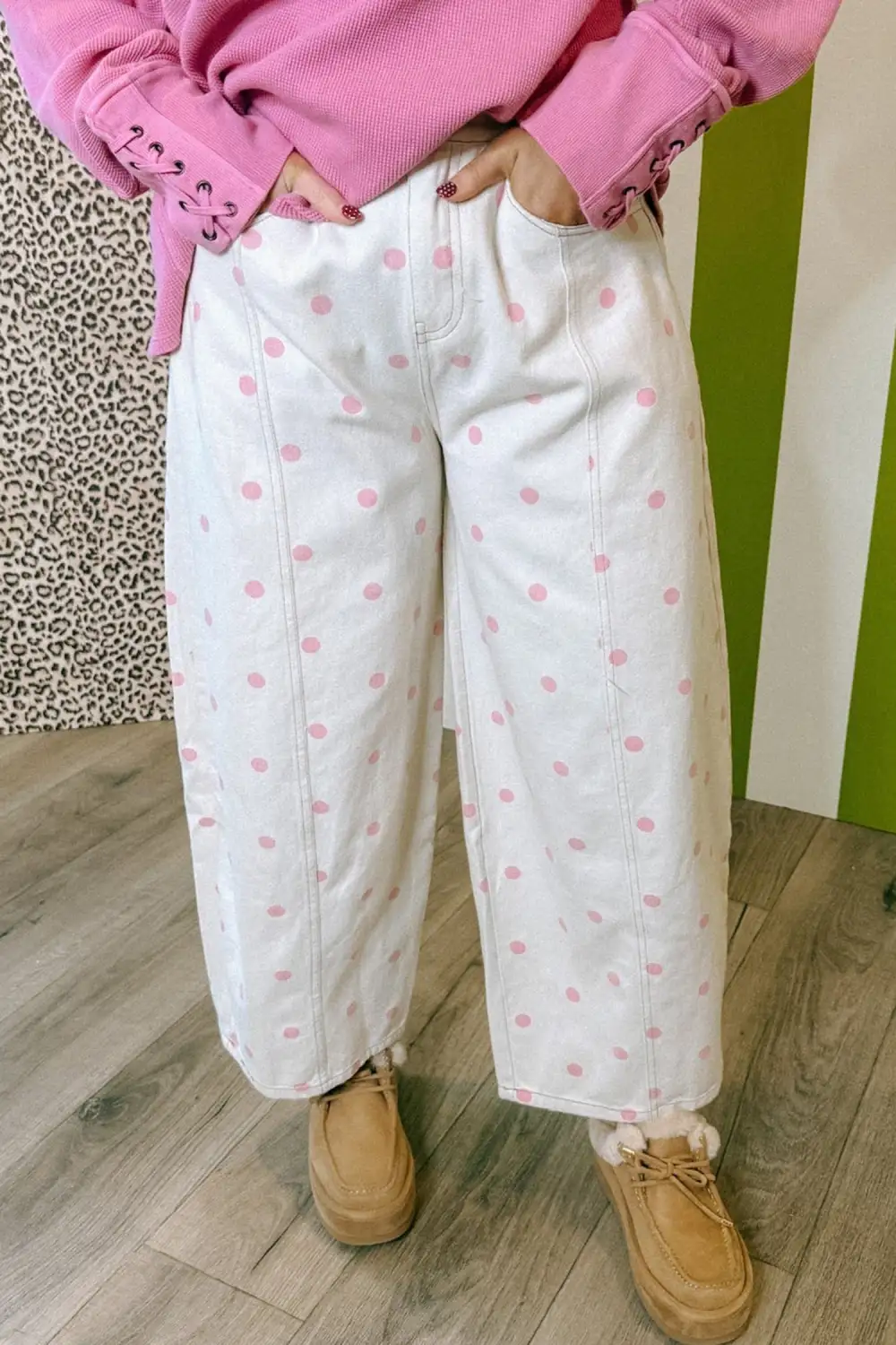 Polka Dot Print Seam Detail Barrel Jeans