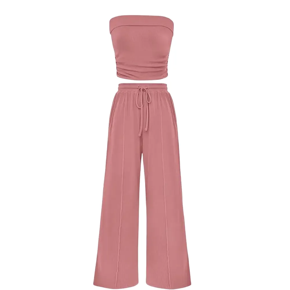 Women's Summer Outfits 2 Piece Sets Casual Ribbed Knit Crop Top & Wide Leg Pants