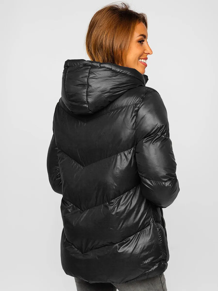 women's black quilted winter jacket with hood