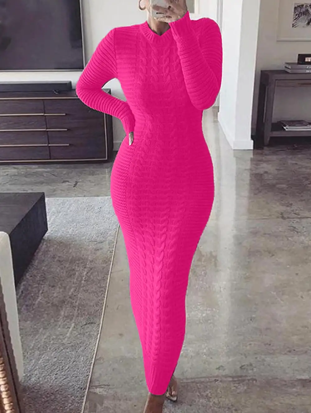 Cable Knit Long-Sleeved Wool Dress
