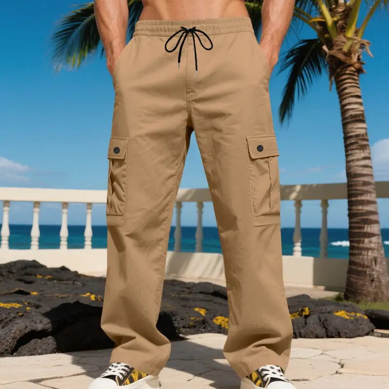 Men's Wide Cargo Pants Waistband Pockets Relaxed Fit