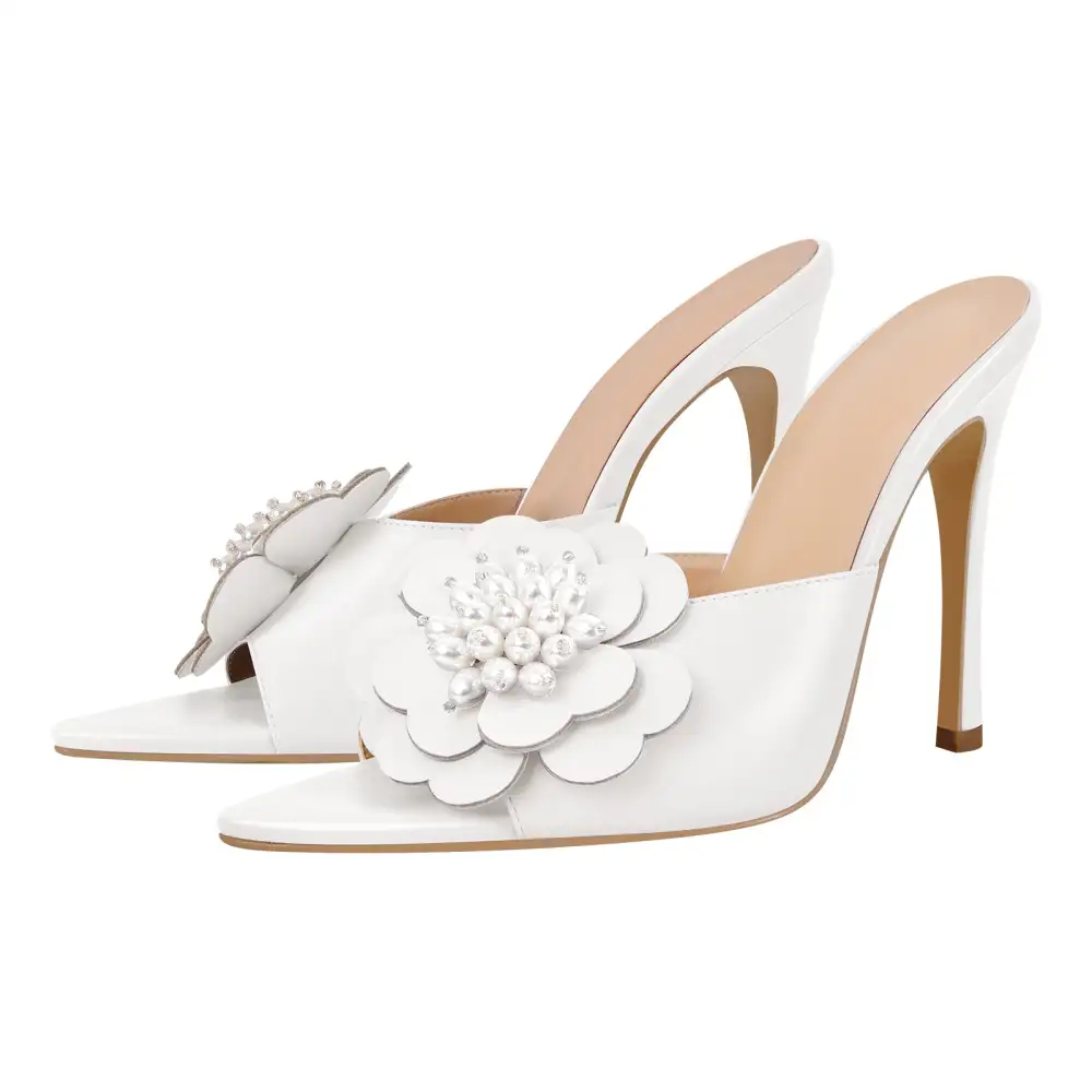 Pearl Flower Pointed Toe Stiletto Mule Sandals