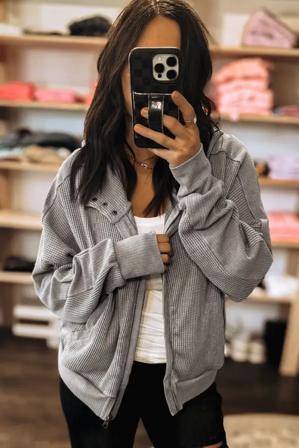 Waffle Splicing Zip-Up Front Button Hooded Jacket Zip