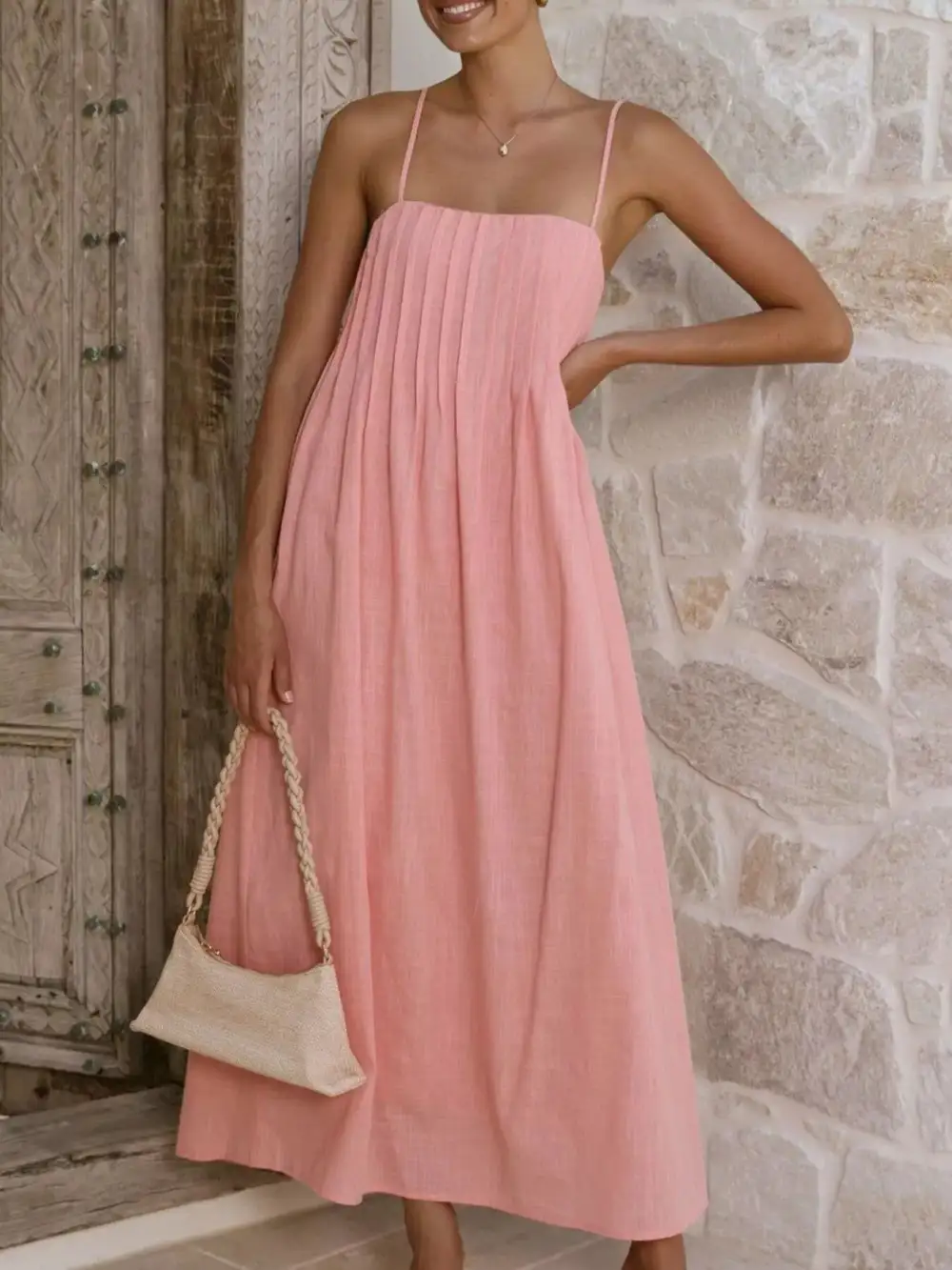 Polished Detail Pleated Midi Dress