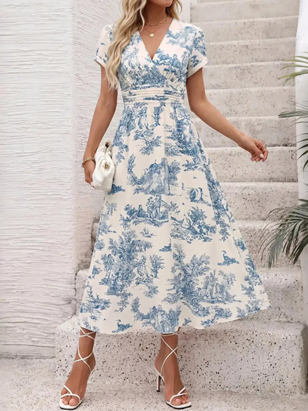 Printed Short Sleeve Midi Dress