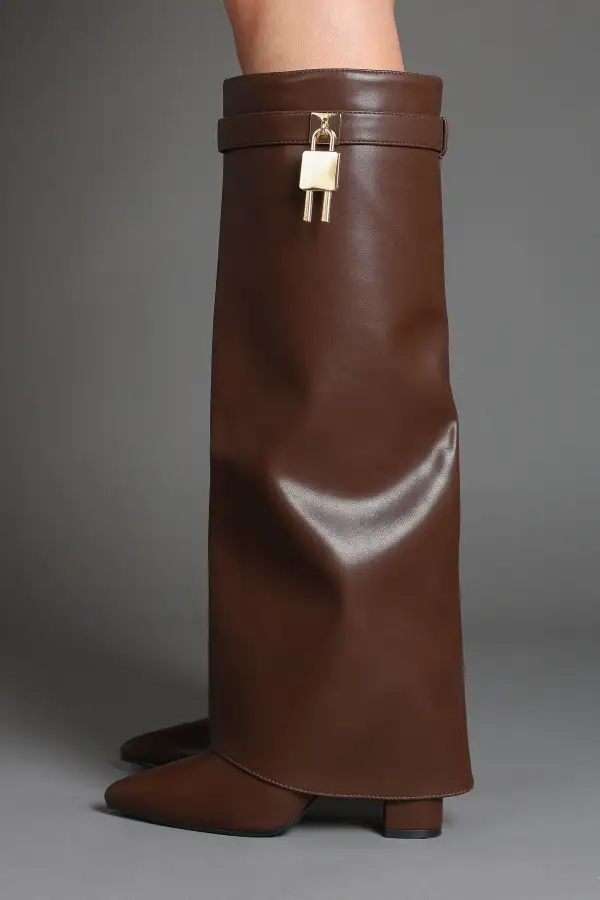 Slouch Fold-Over Padlock Detail Pointed Toe Knee High Boots