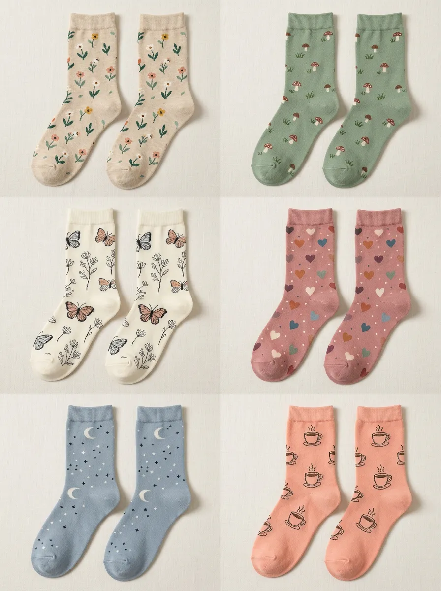 Women's Botanical Celestial Coffee Ribbed Crew Socks Six Pair Set