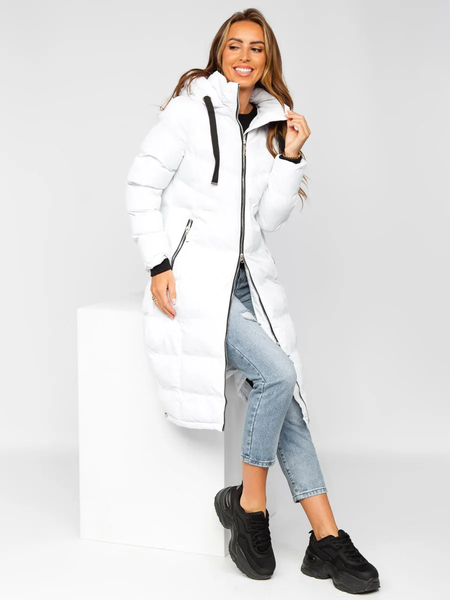 White women's long quilted winter jacket with hood