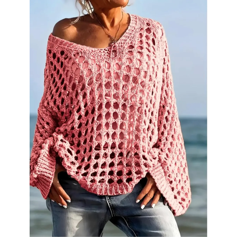 Women's Casual Loose-Fit V Neck Top - Hollow Out Design