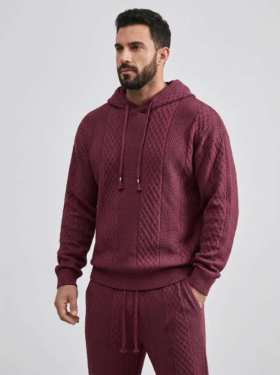 Cable-Knit Diamond-Texture Hooded Men's Knit Hoodie Jogger Set