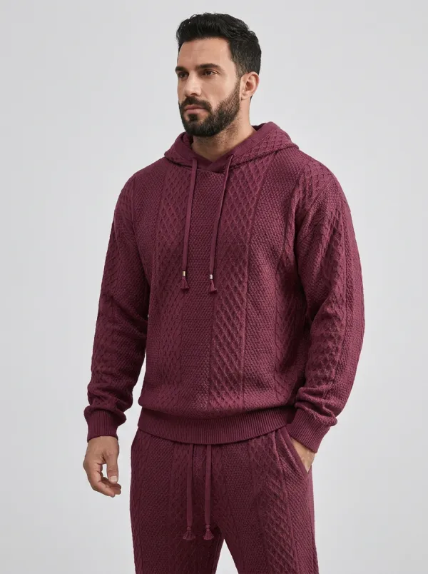 Cable-Knit Diamond-Texture Hooded Men's Knit Hoodie Jogger Set
