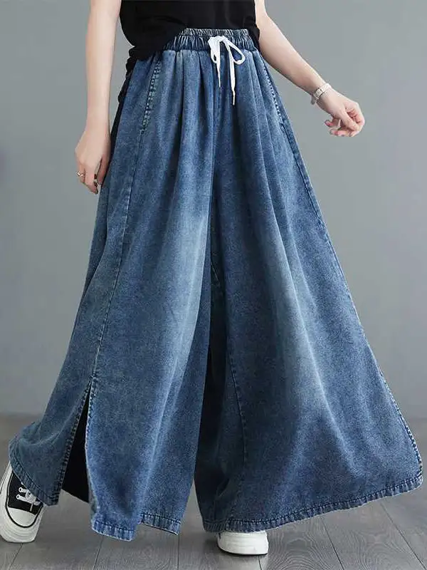 Relaxed Fit Wide Leg Side Split Drawstring Jeans