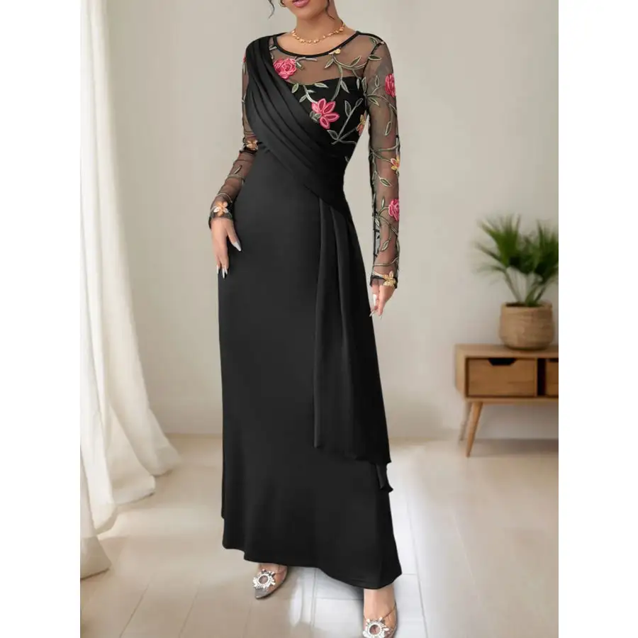 Floral Mesh Sleeve Ruched Maxi Dress