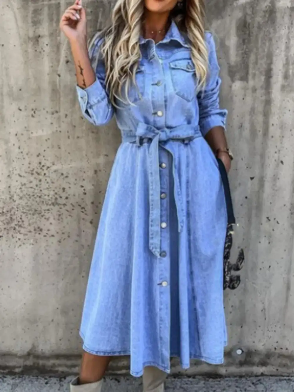 Denim Button Front Tie Waist Shirt Dress