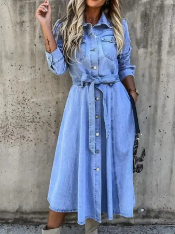 Denim Button Front Tie Waist Shirt Dress