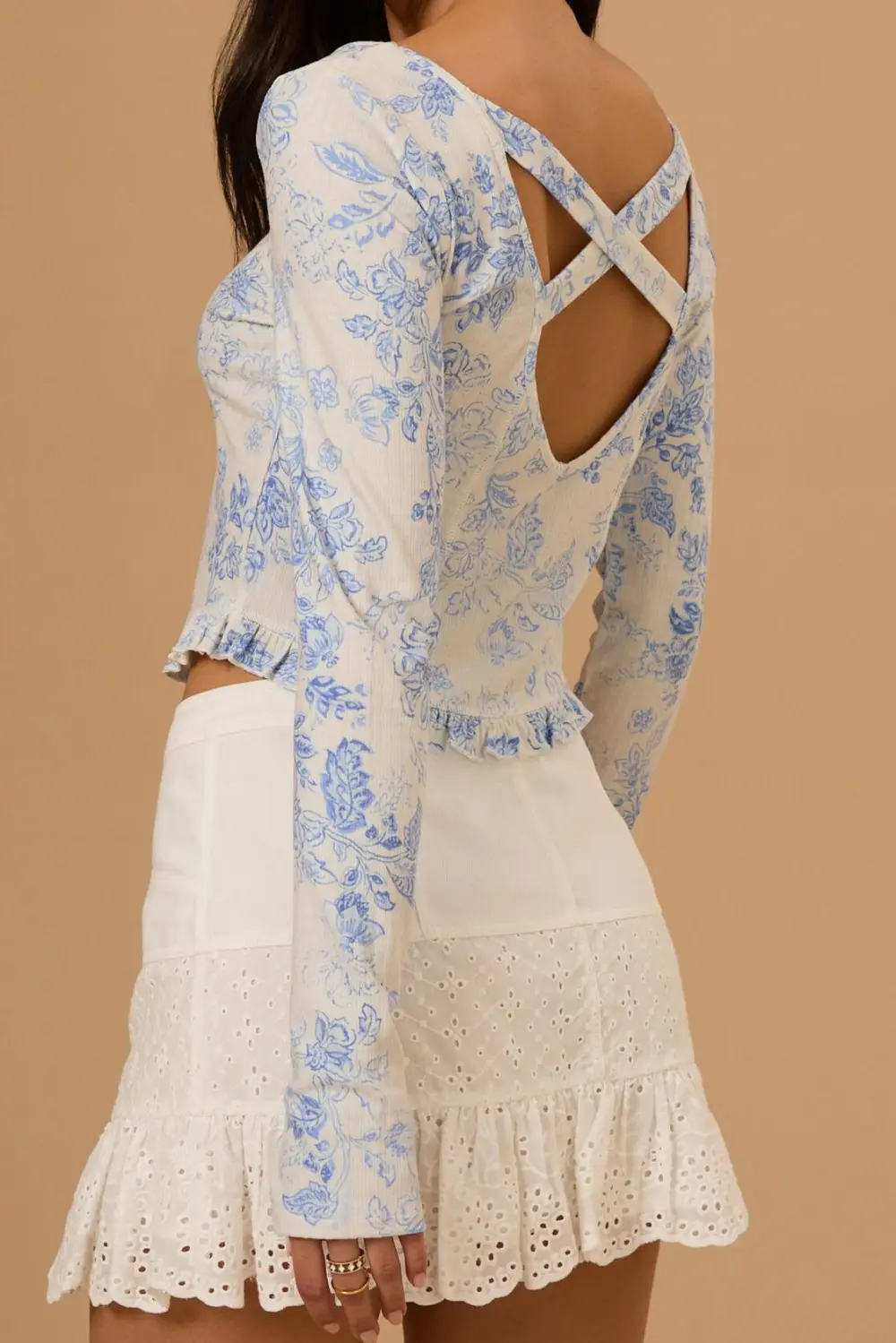 Floral Ribbed Cross Back Top