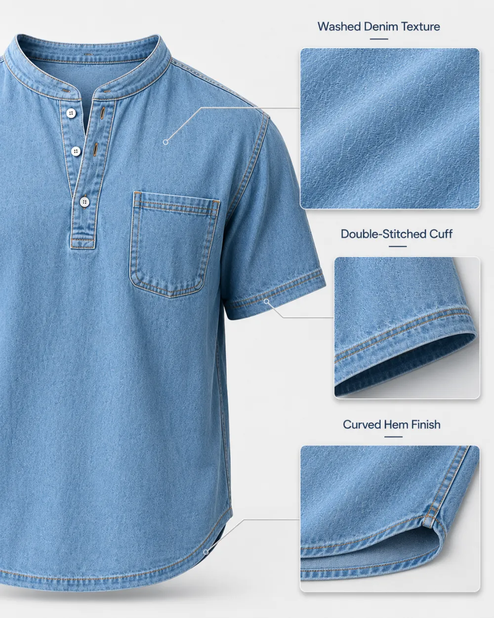 Men's Washed Stand Collar Henley Shirt