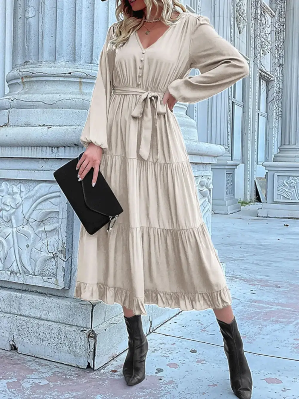 Smooth Finish V Neck Ruffle Dress