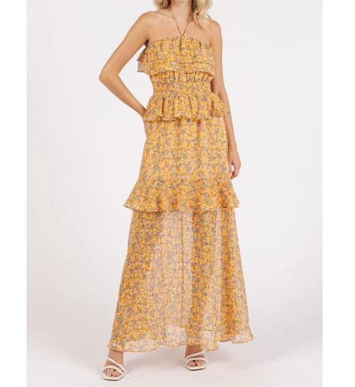 Ruffled Smocked Floral Halter Neck Maxi Dress