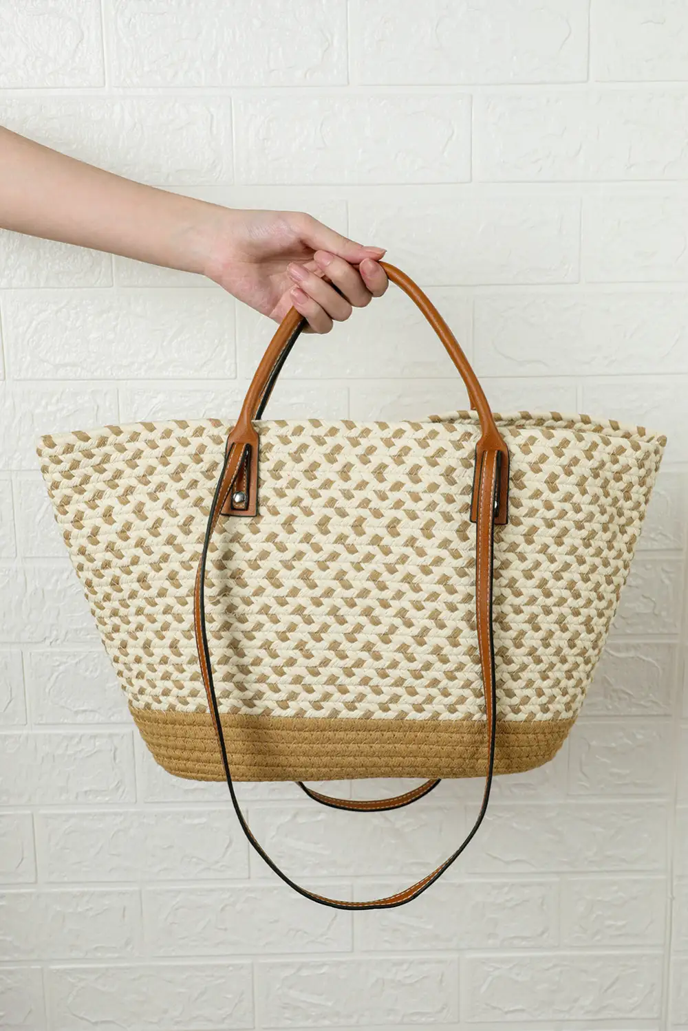 Contrast Woven Leather Handle Single Shoulder Bag