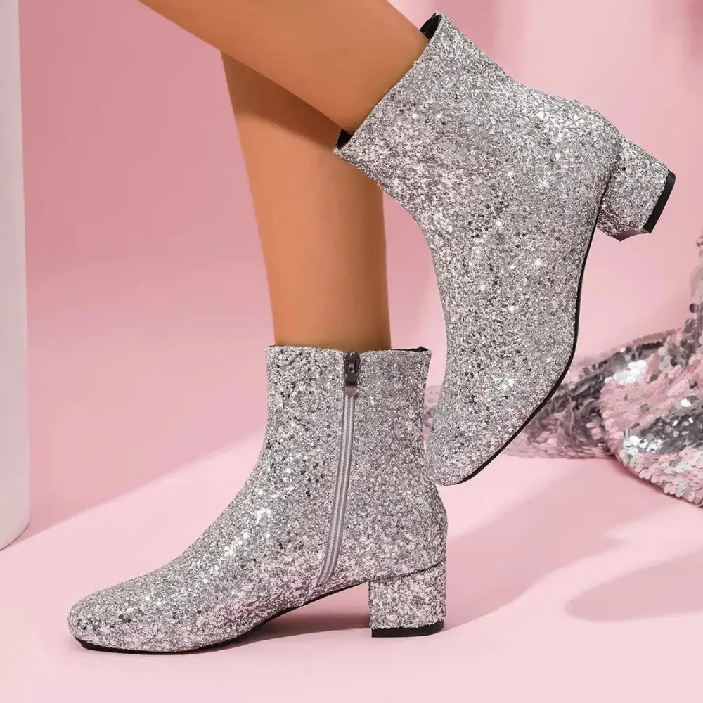 Sequin Round Toe Block Heels Boots