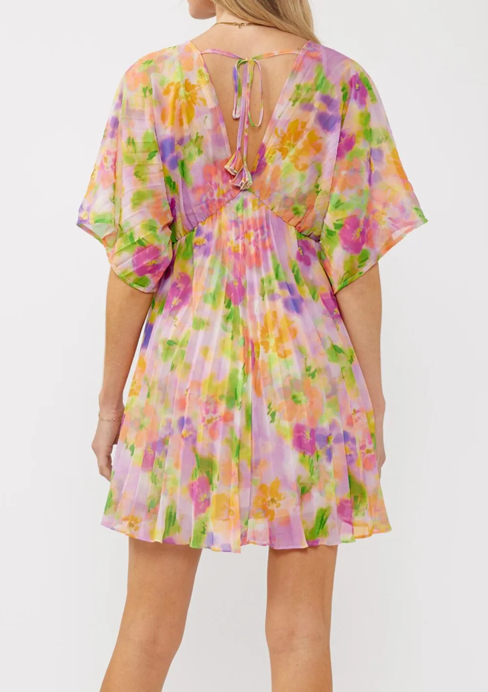 Pleated Floral V-Neck Dress