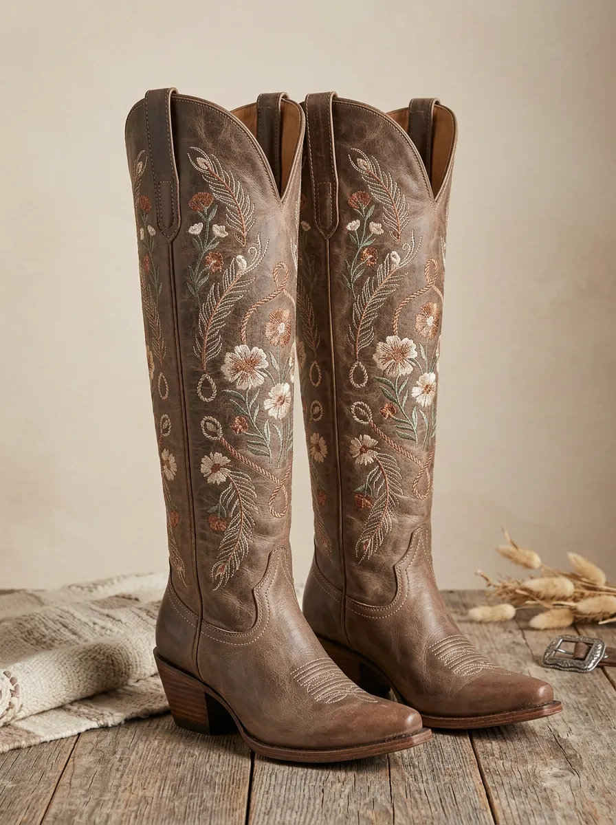 Women's Western Floral Wing Leaf Embroidered Pointed-Toe Block-Heel Denim Over-the-Knee Boots