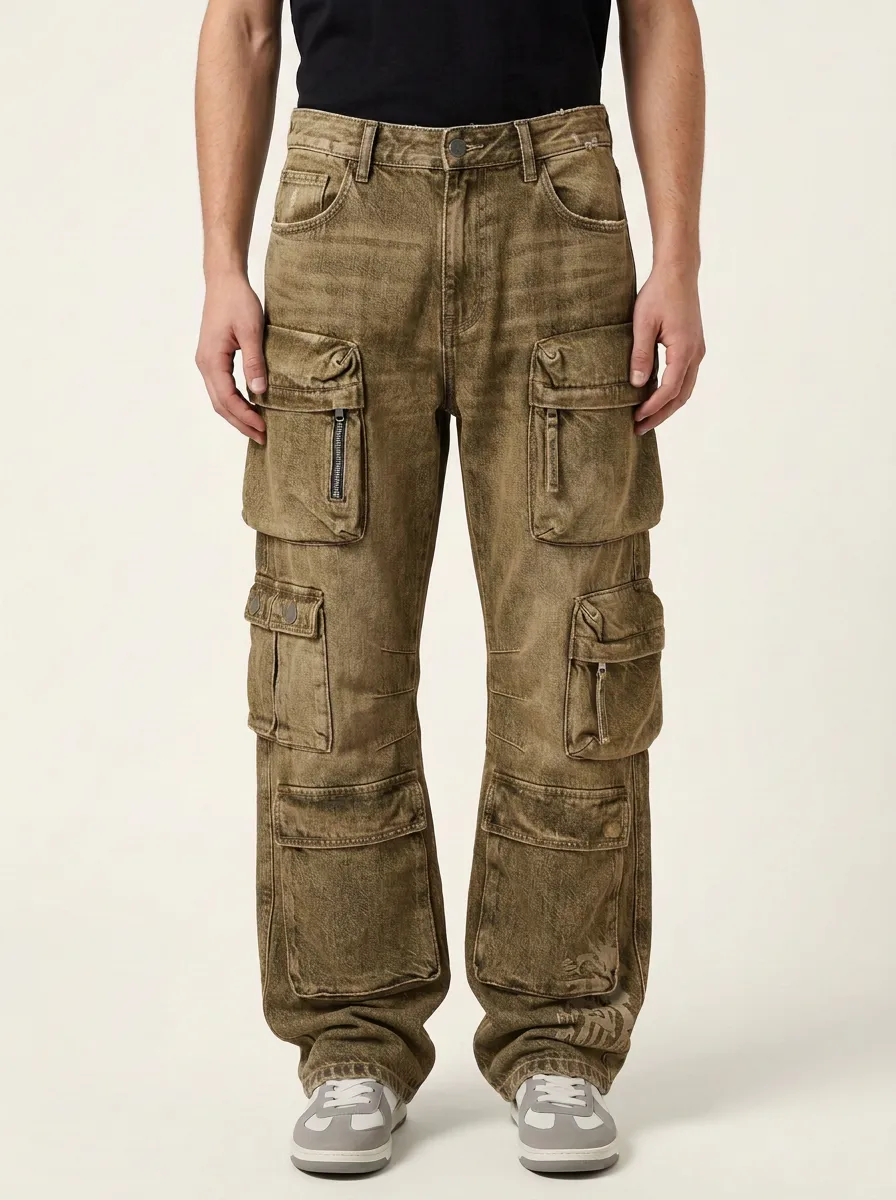 Men's Streetwear Vintage Wash Multi-Pocket Printed Cargo Pants
