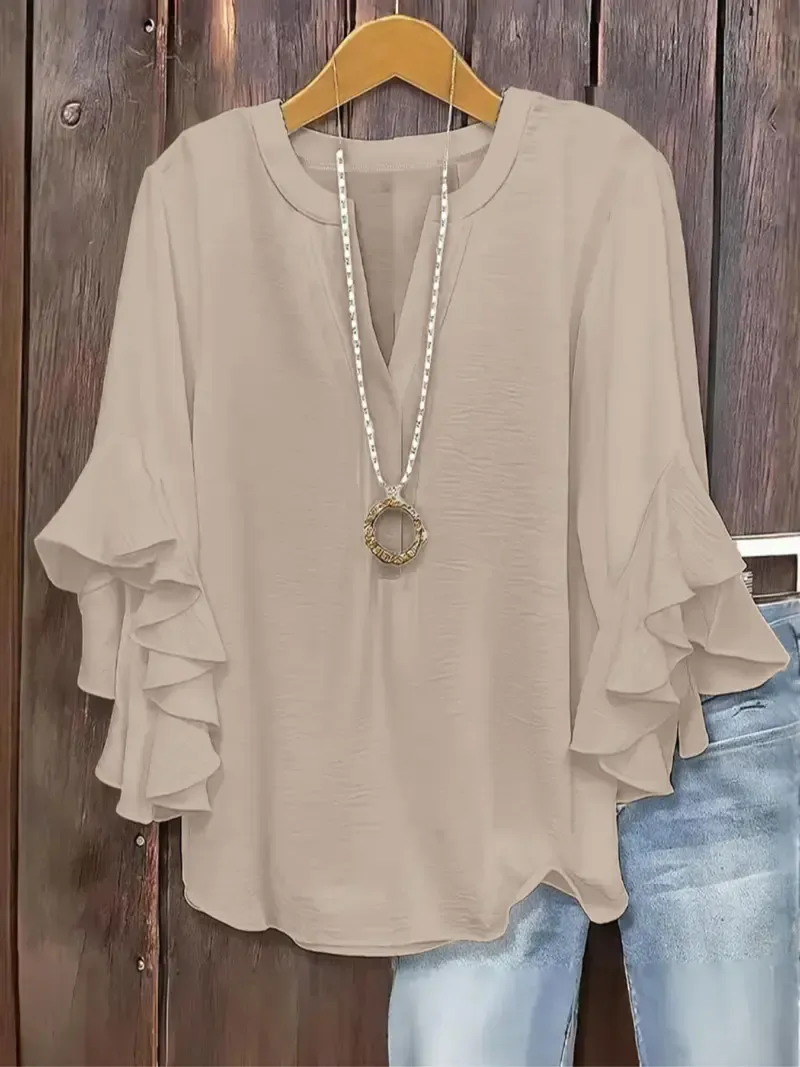 Plus-Size Women's Slim-Fit Shirt With Ruffled Sleeves And V-Neck
