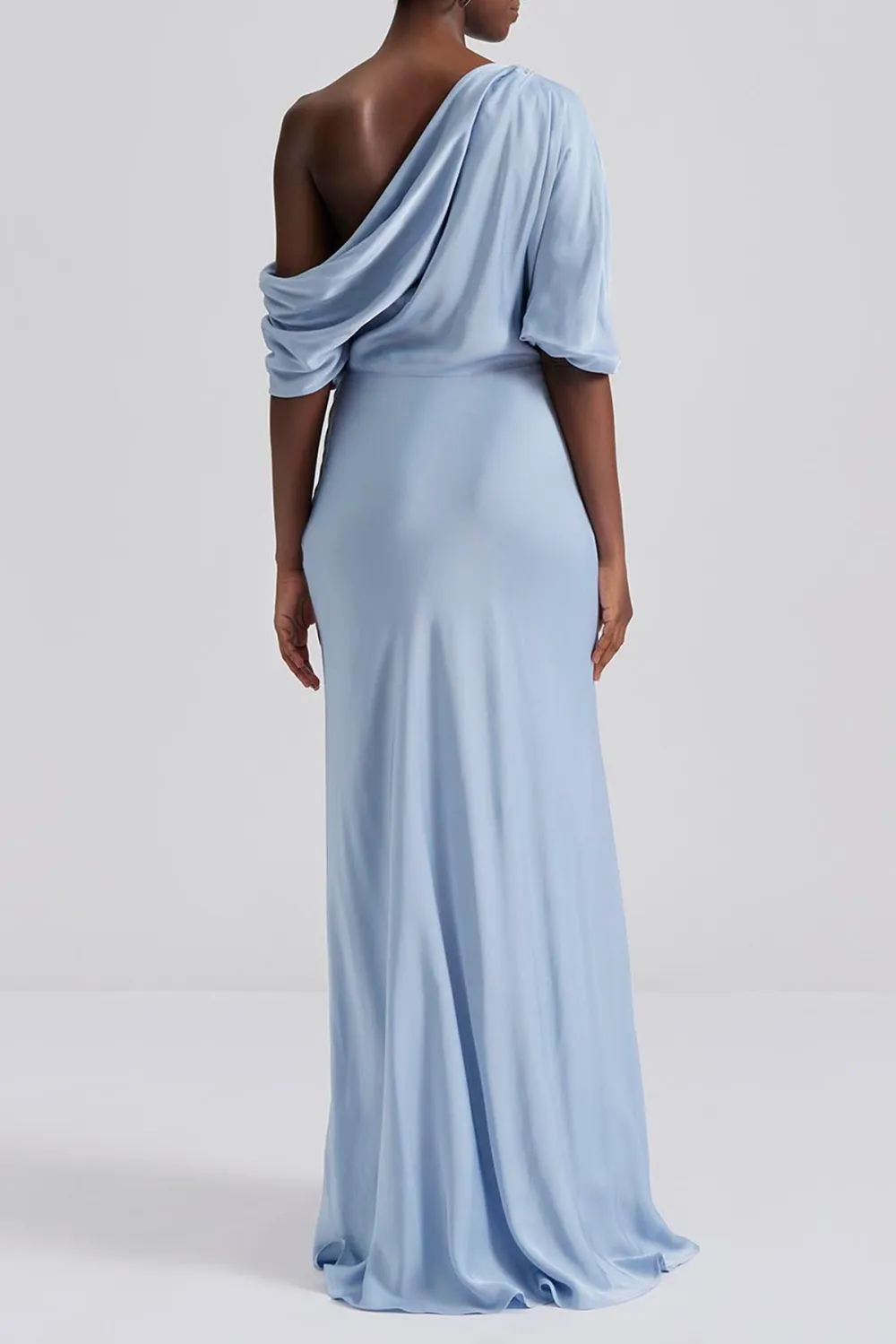 Asymmetrical Shoulder Satin Maxi Dress