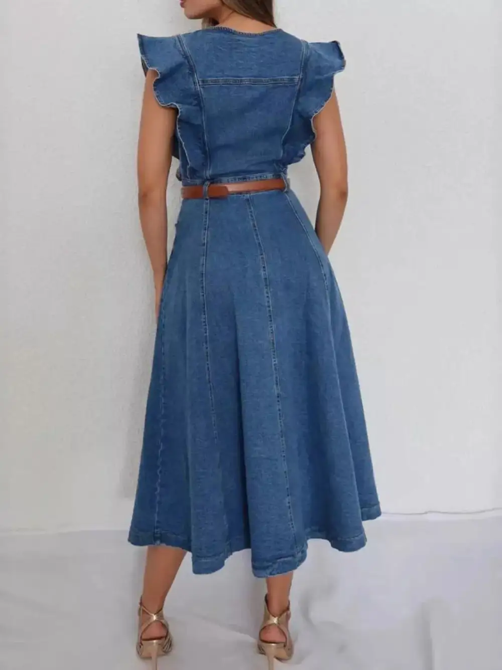 Denim Button Front Ruffle Dress Casual