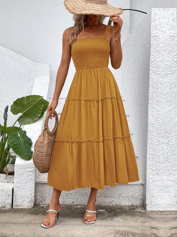 Women'S Frill Trim Ruffle Hem Shirred Backless Sundress Cami Dress, Sleeveless A Line Long Dress, Women'S Clothing For Summer Beach Holiday, Boho Clothes Women, Vintage Girly Clothes,