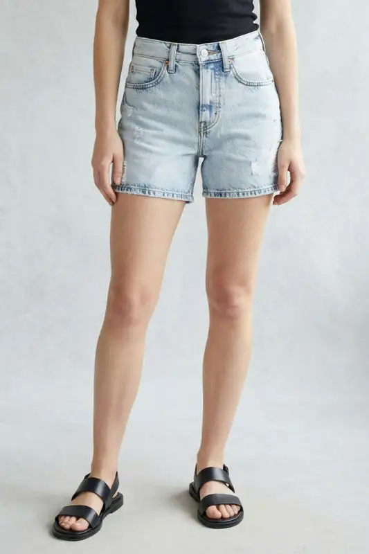 High Rise Distressed Stretch Denim Shorts