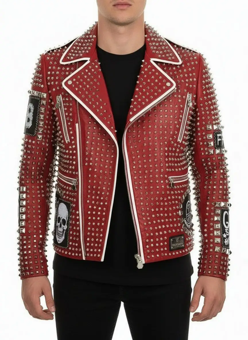 Polished Leather Biker Motorcycle Studded Jacket