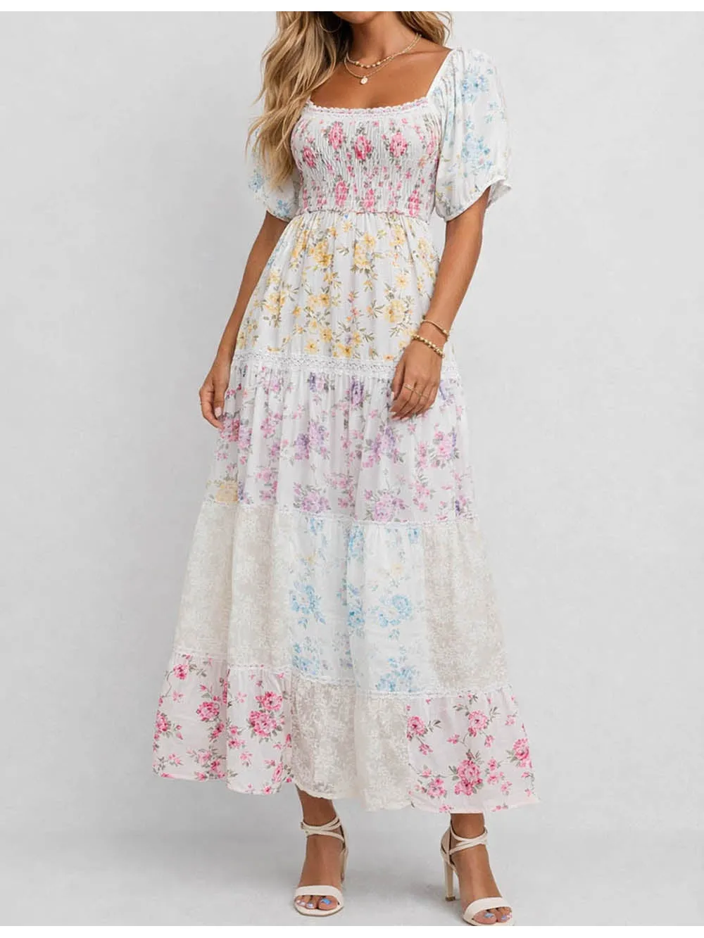 Boho Square Neck Puff Sleeves Maxi Dress