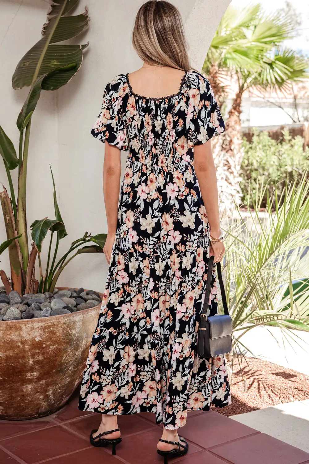 Floral Smocked Short Sleeve Maxi Dress