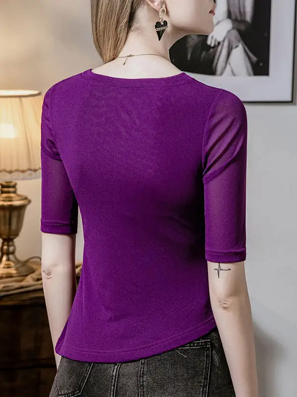 Half Sleeve Curve Fit Asymmetric Pleat Detail Panel Detail Round Neck T-Shirt