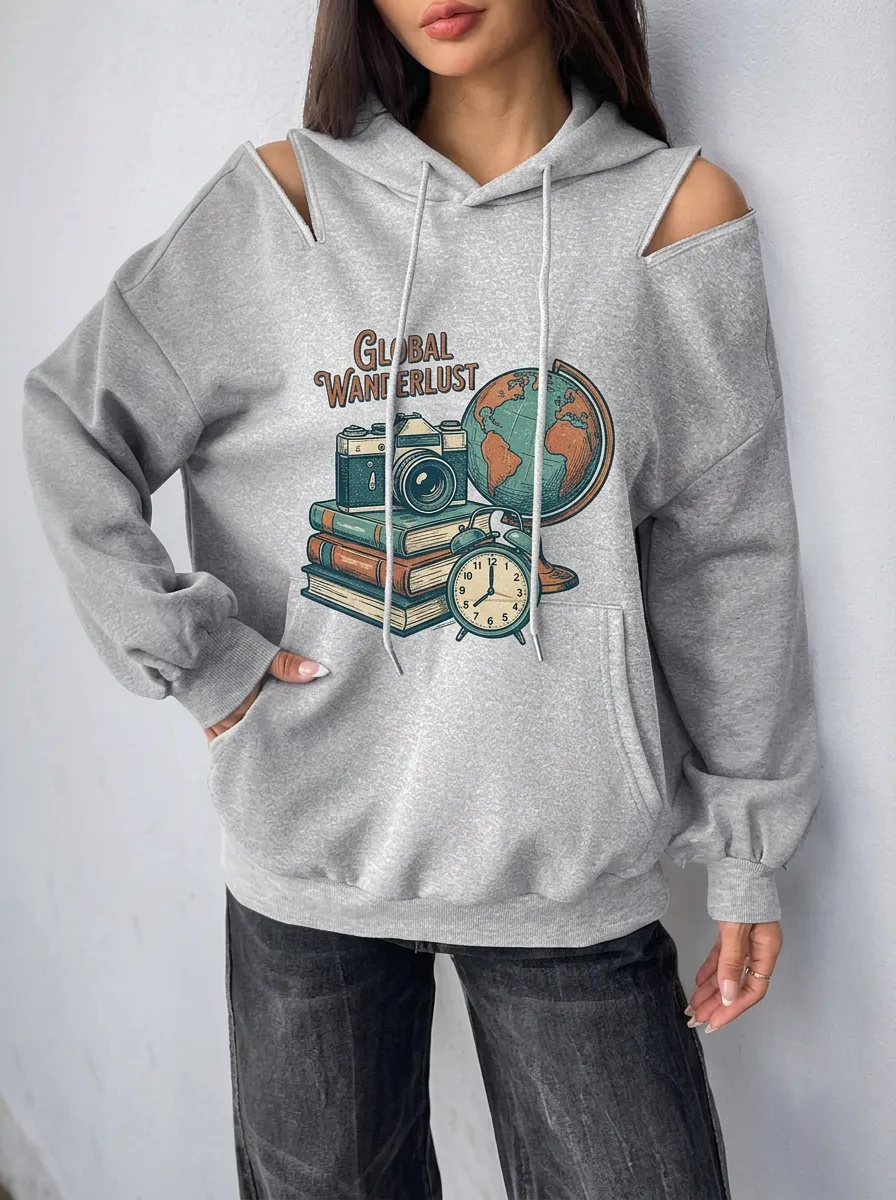 Women's Travel Global Wanderlust Camera Globe Graphic Cold-Shoulder Hoodie