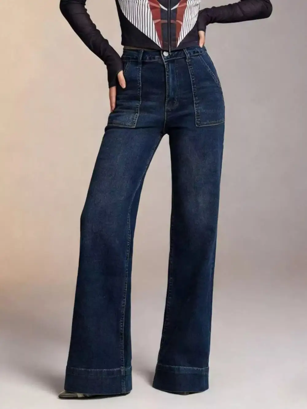 Pocketed High Waist Flare Leg Denim Jeans