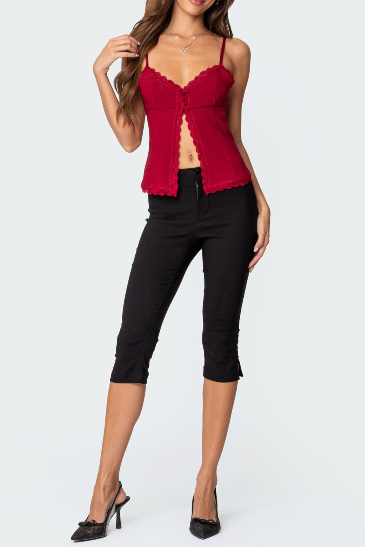 Crimson Lacey Split Front Top