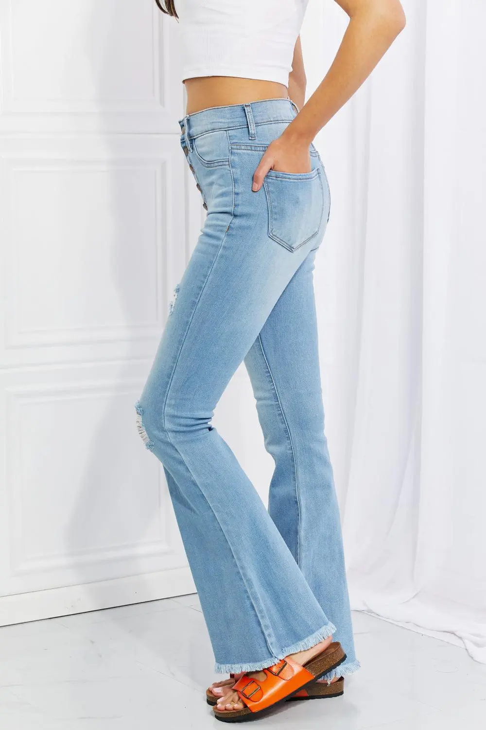 Contoured Flare Leg Button Denim Jeans
