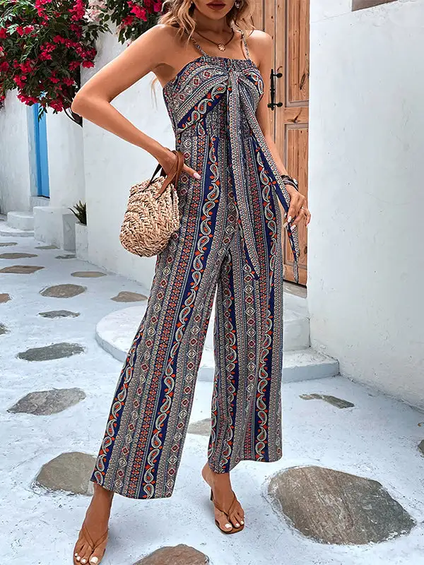 Sleeveless Wide Leg Bow Embellished Pockets Printed Spaghetti