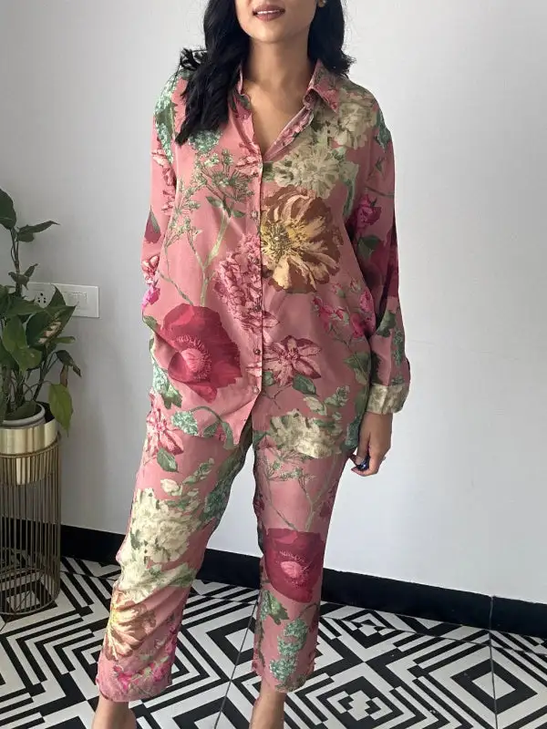 Long Sleeve Buttoned Floral Print Blouse And Pants Set