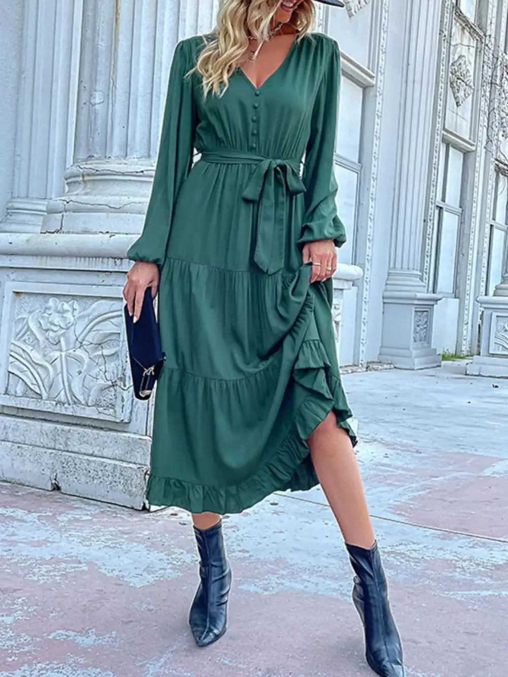 Smooth Finish V Neck Ruffle Dress