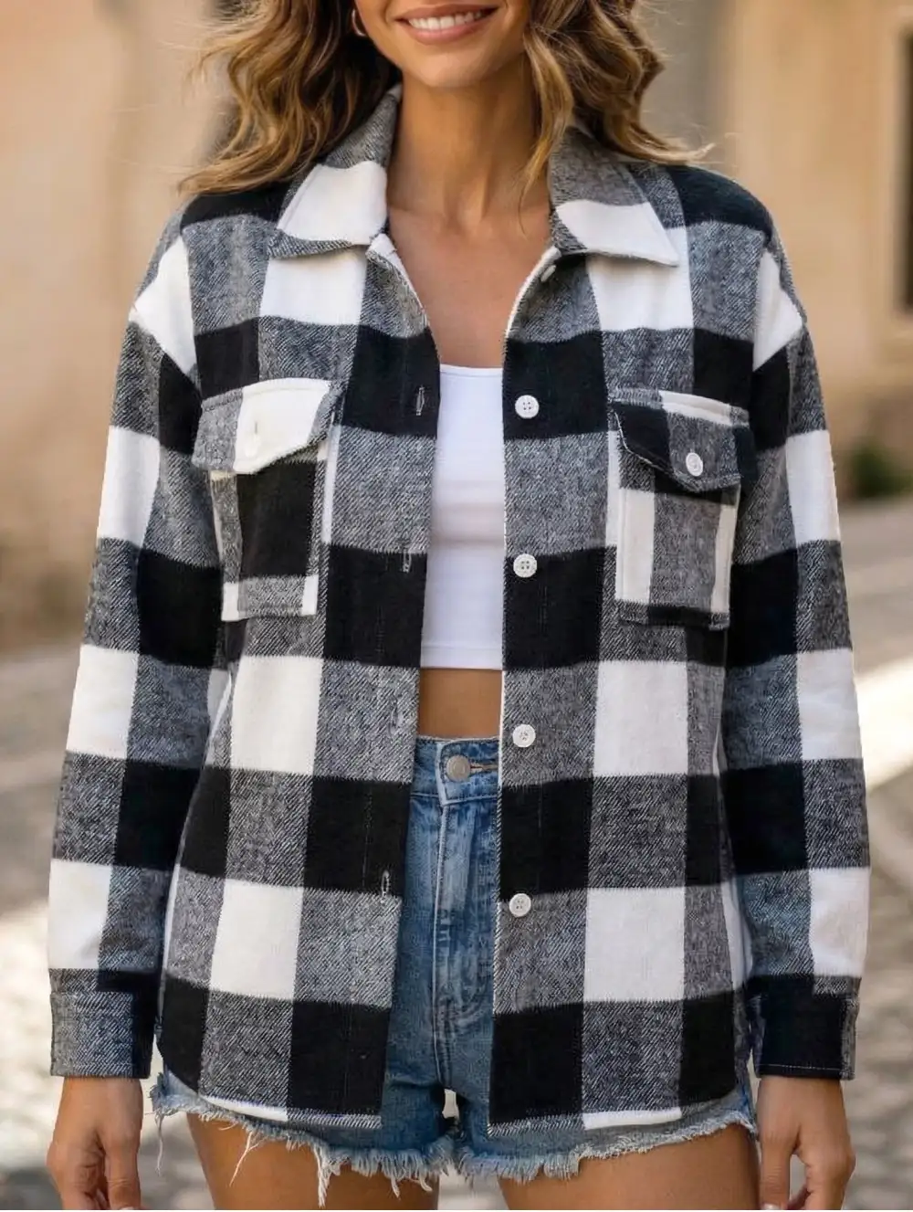 Button Detail Plaid Loose-Fitting Shirt